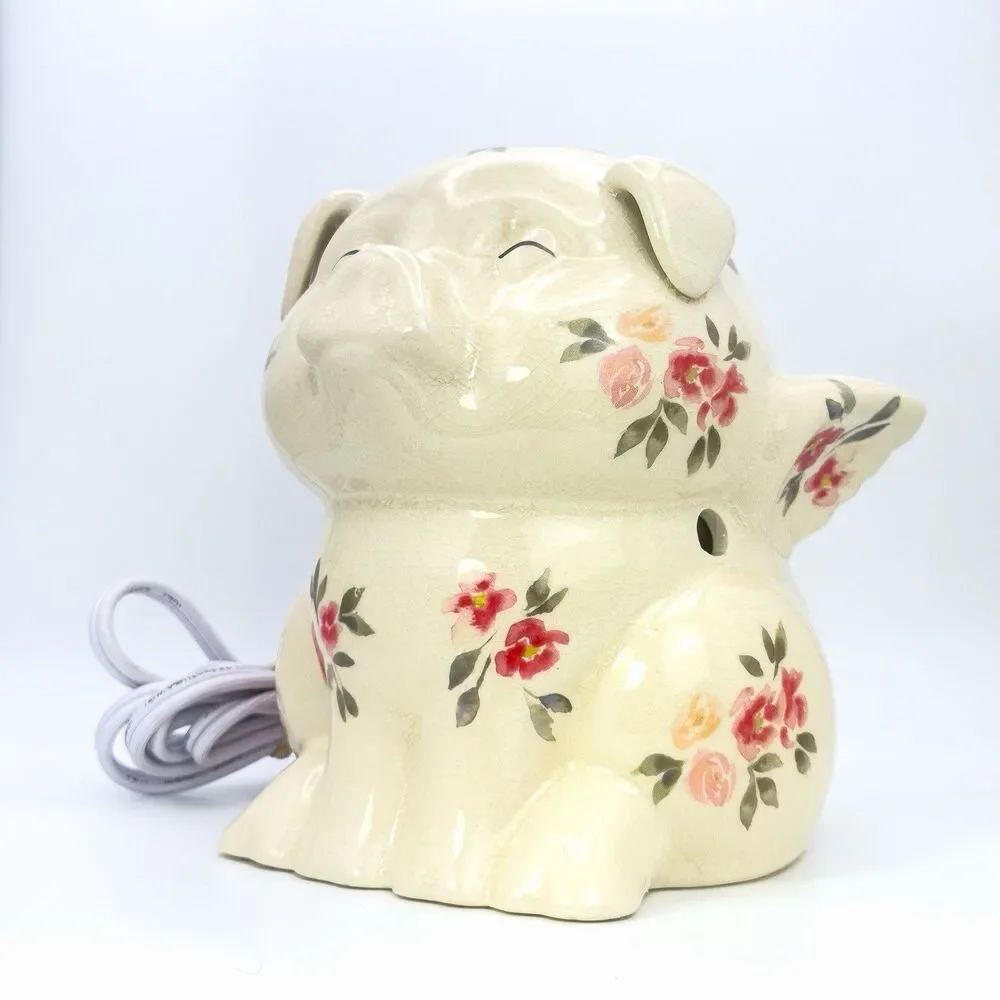 VTG. FLYING ANGEL PIG NIGHT LIGHT RED&PINK FLORAL CRACKLED FINISH WORKS GREAT.